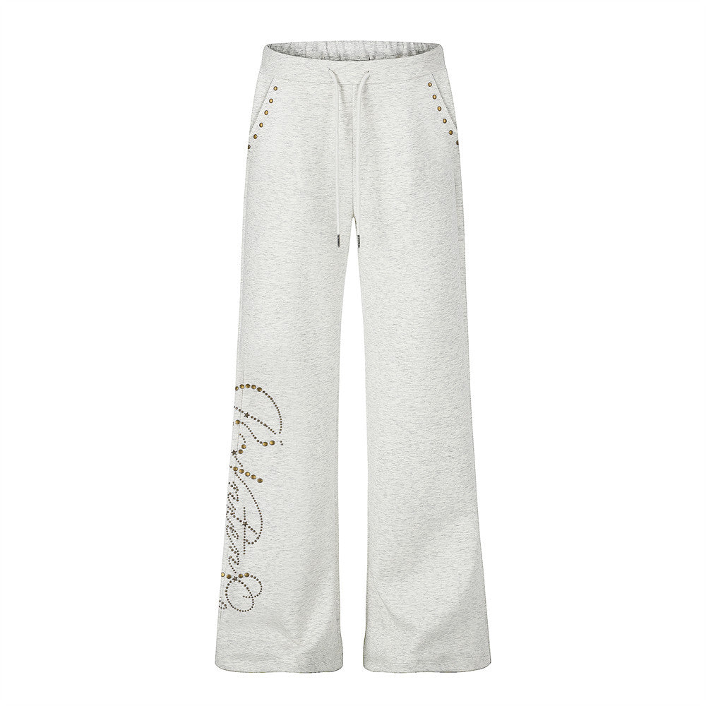 Wide Leg Sweatpants with Gold Stud Detail & Drawstring Waist