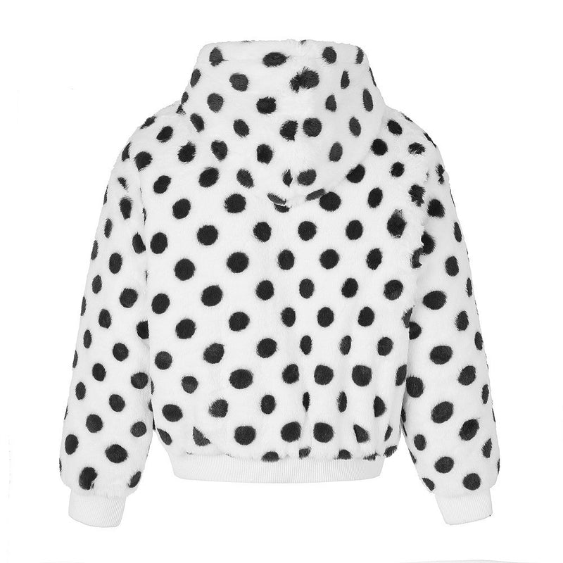 Polka Dot Faux Mink Hooded Zip Jacket – Oversized Streetwear Coat with Ornate