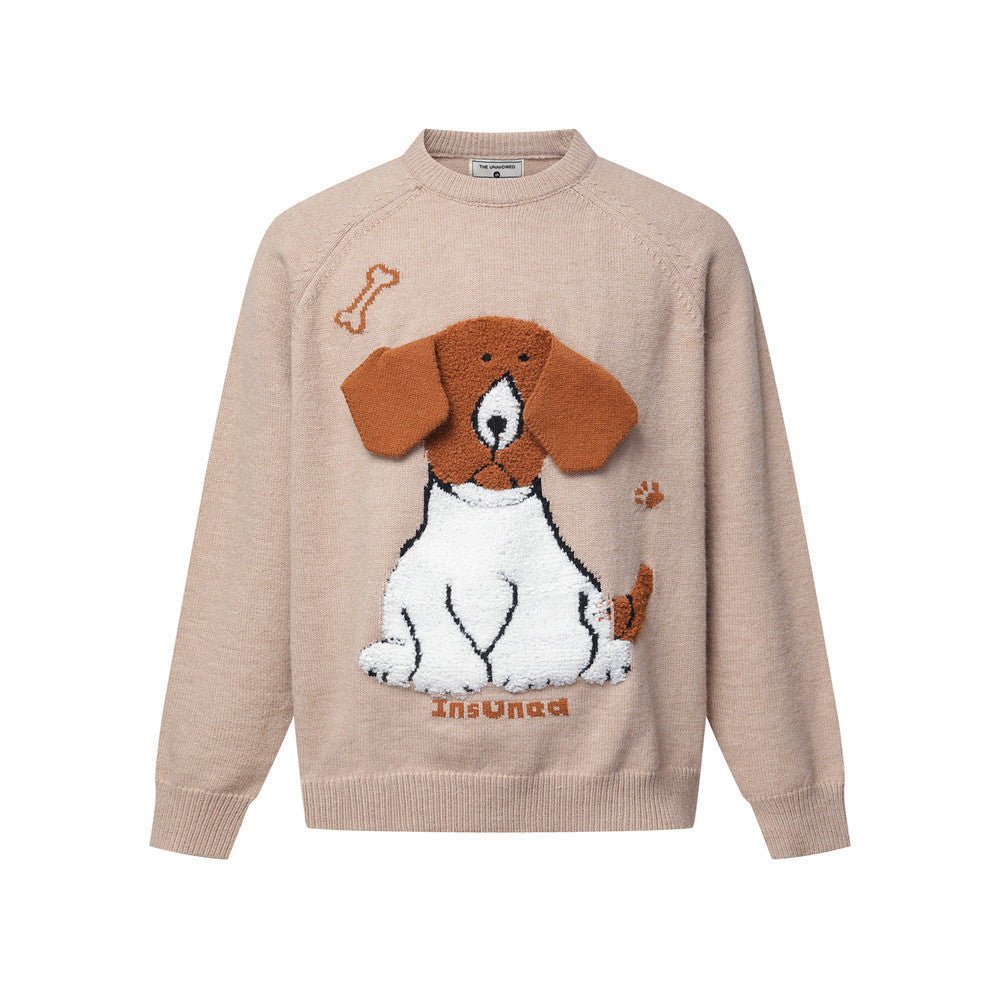 Oversized cartoon dog jacquard crew neck knit sweater with 3D tufted beagle graphic in khaki colorway