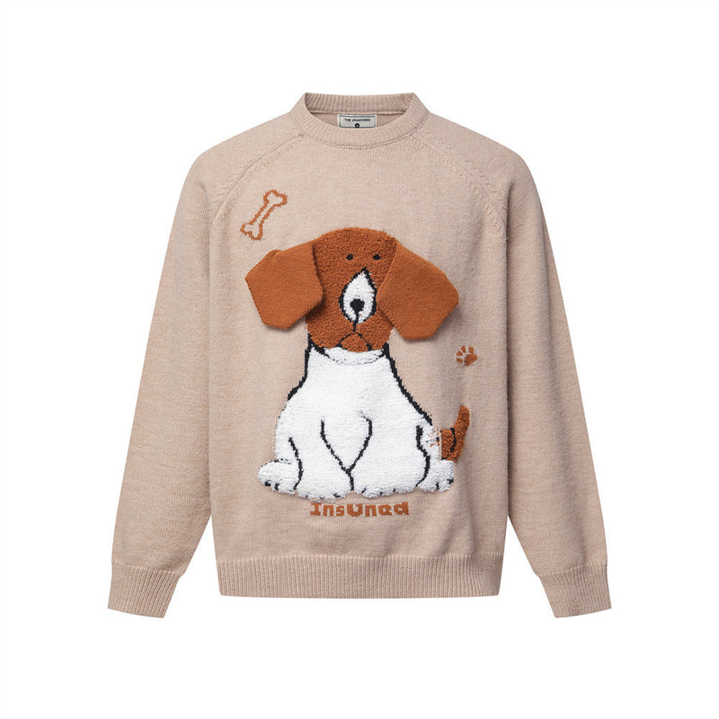 Oversized cartoon dog jacquard crew neck knit sweater with 3D tufted beagle graphic in khaki colorway