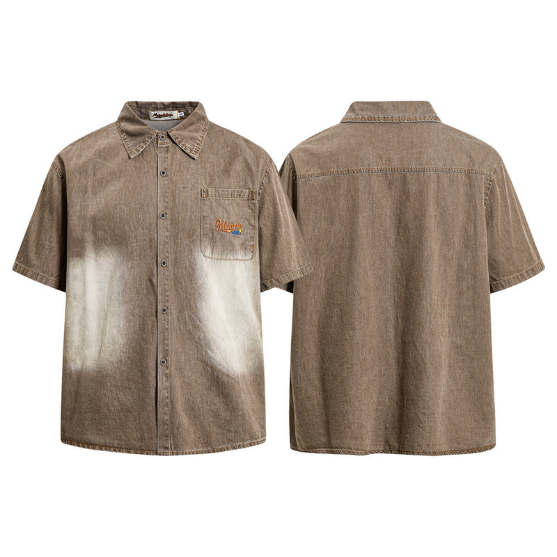 Vintage Sun-Faded Washed Denim Short Sleeve Shirt – Oversized Streetwear Fit