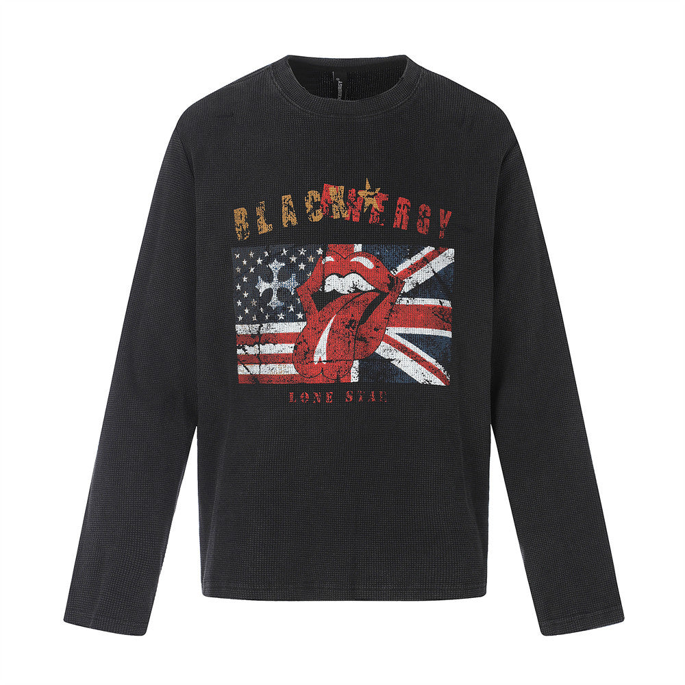 Long Sleeve Waffle Knit Graphic Tee – US & UK Flag Rock Print