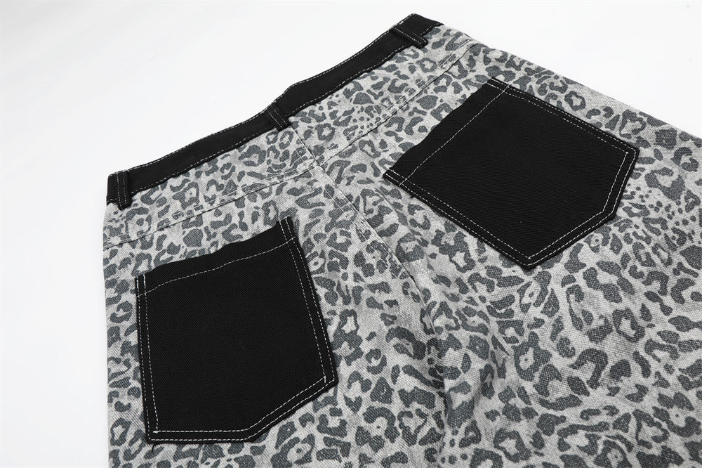 Leopard Print Wide-Leg Cargo Pants – Contrast Pocket Embroidered Streetwear Trou