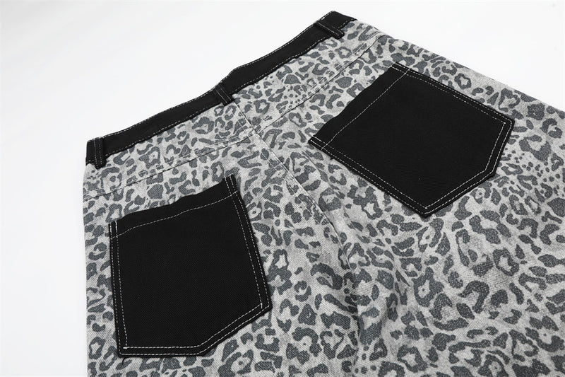 Leopard Print Wide-Leg Cargo Pants – Contrast Pocket Embroidered Streetwear Trou