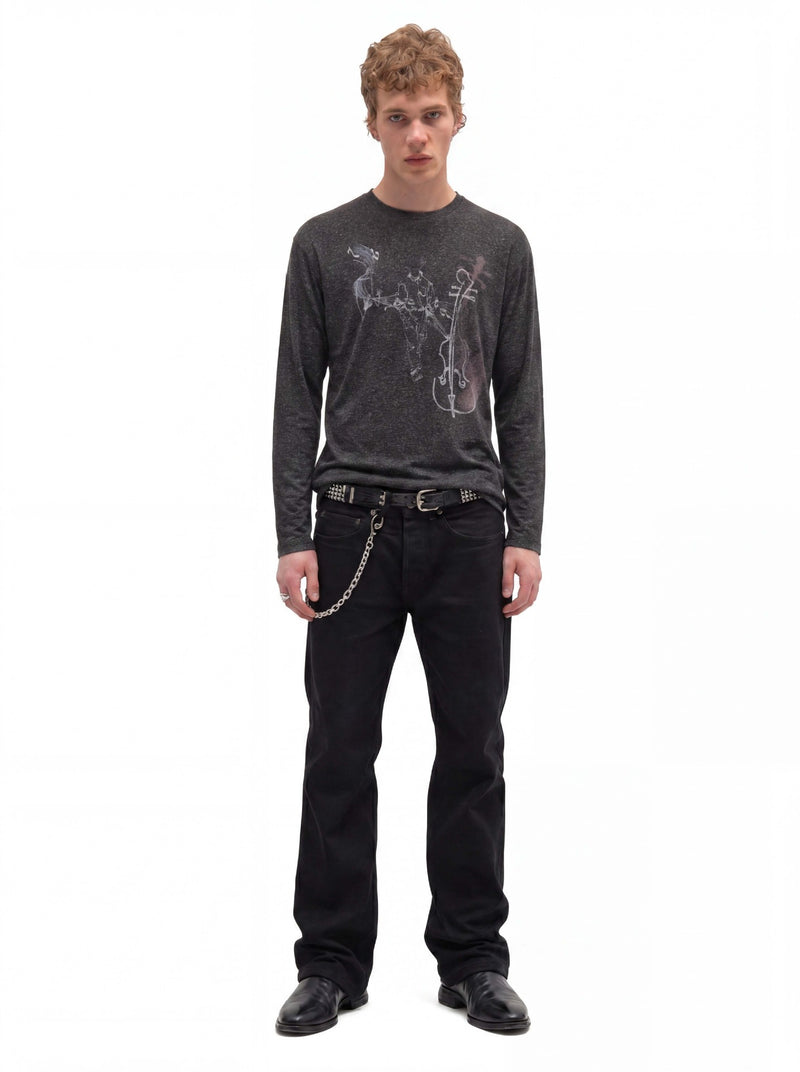 Long Sleeve Graphic Shirt – Cello Musician Sketch Print, Relaxed Fit