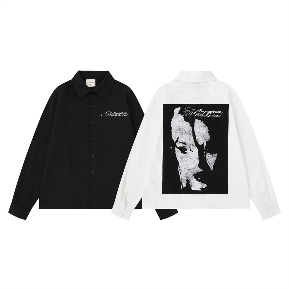 Abstract Face Print Long Sleeve Shirt – Oversized Relaxed Fit Button-Up
