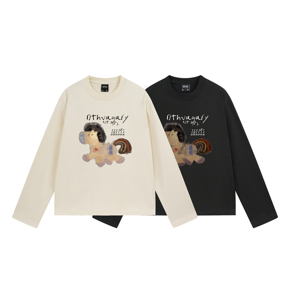 Long Sleeve Graphic Tee – Cartoon Horse Print, Relaxed Fit Crew Neck