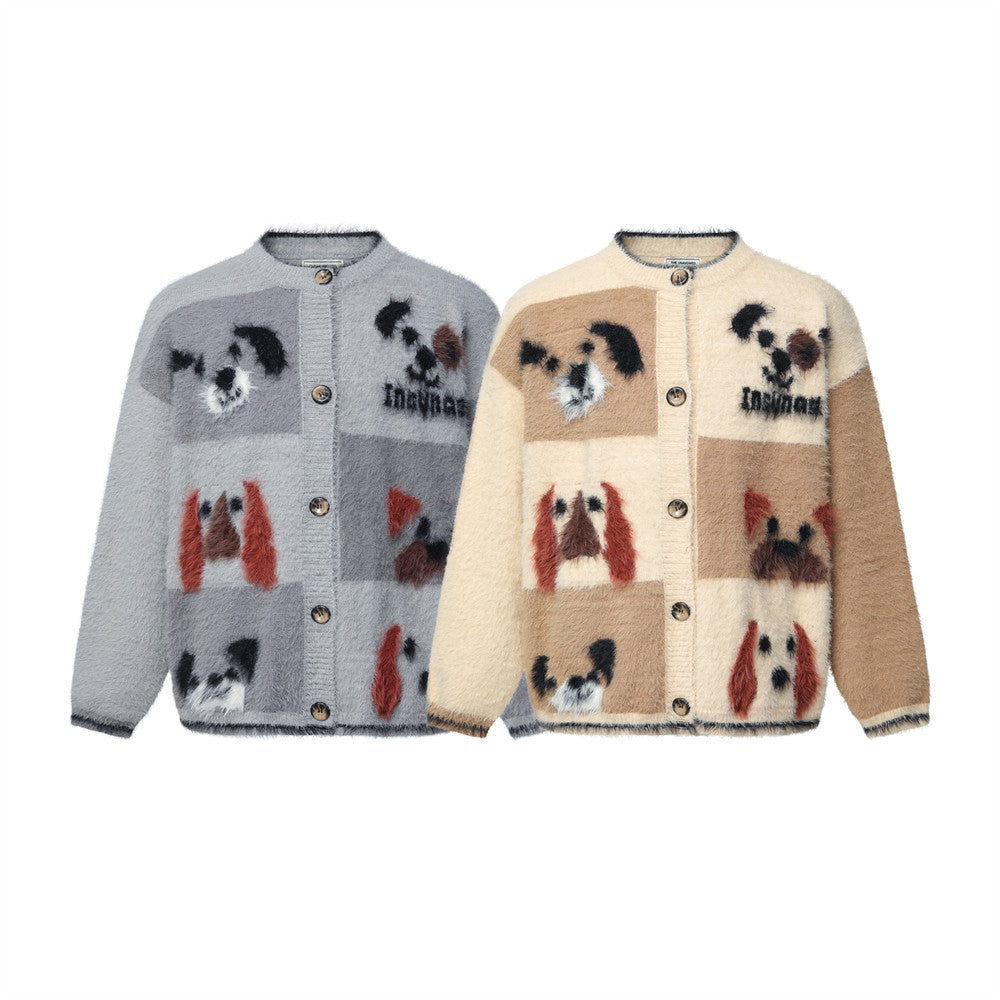 Cartoon Dog Fuzzy Knit Cardigan Sweater – Streetwear Button-Up