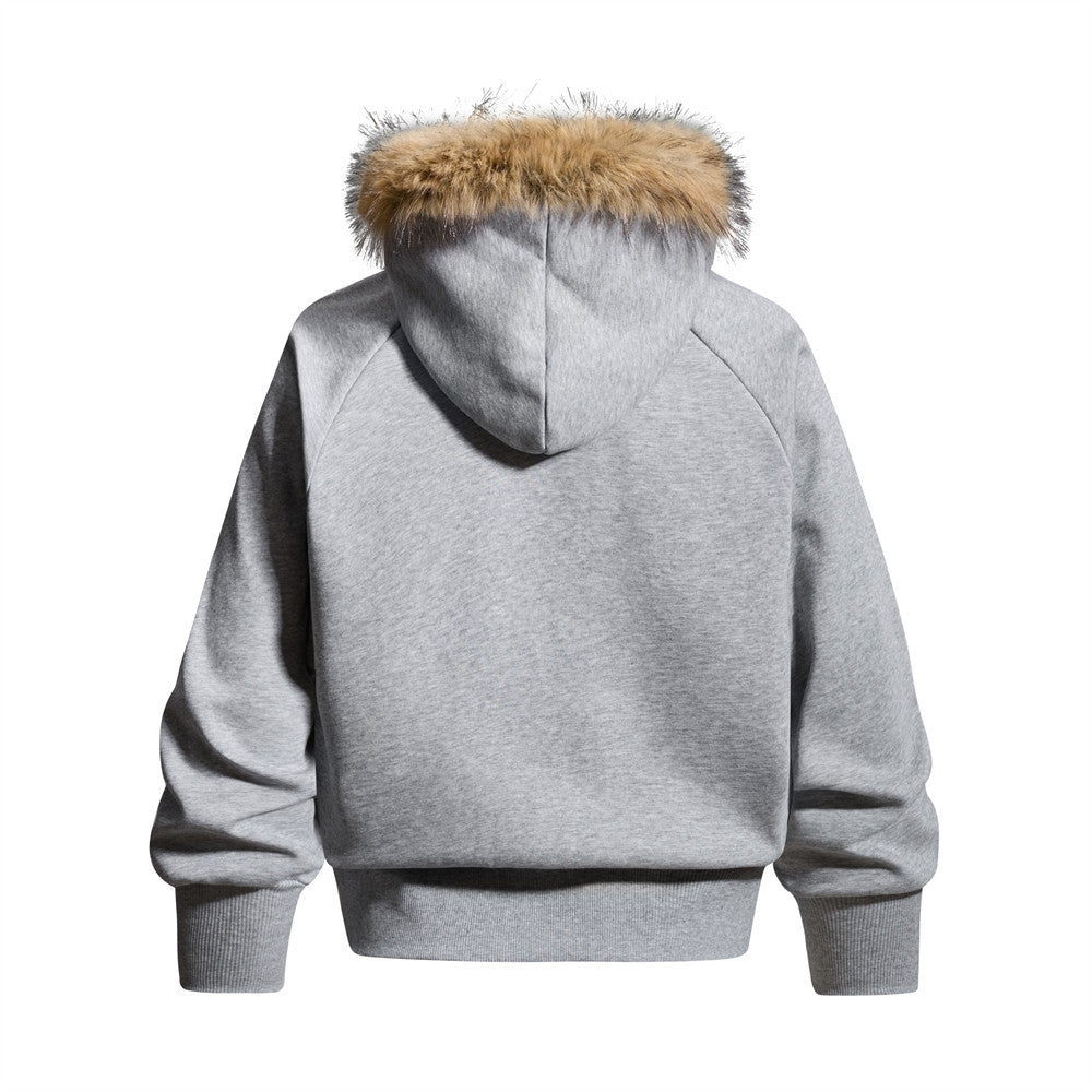 Fur-Trim Zip-Up Hoodie Jacket – Oversized Streetwear with Script Graphic