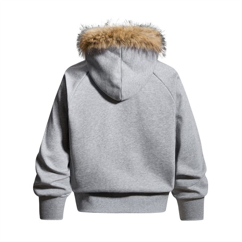 Fur-Trim Zip-Up Hoodie Jacket – Oversized Streetwear with Script Graphic