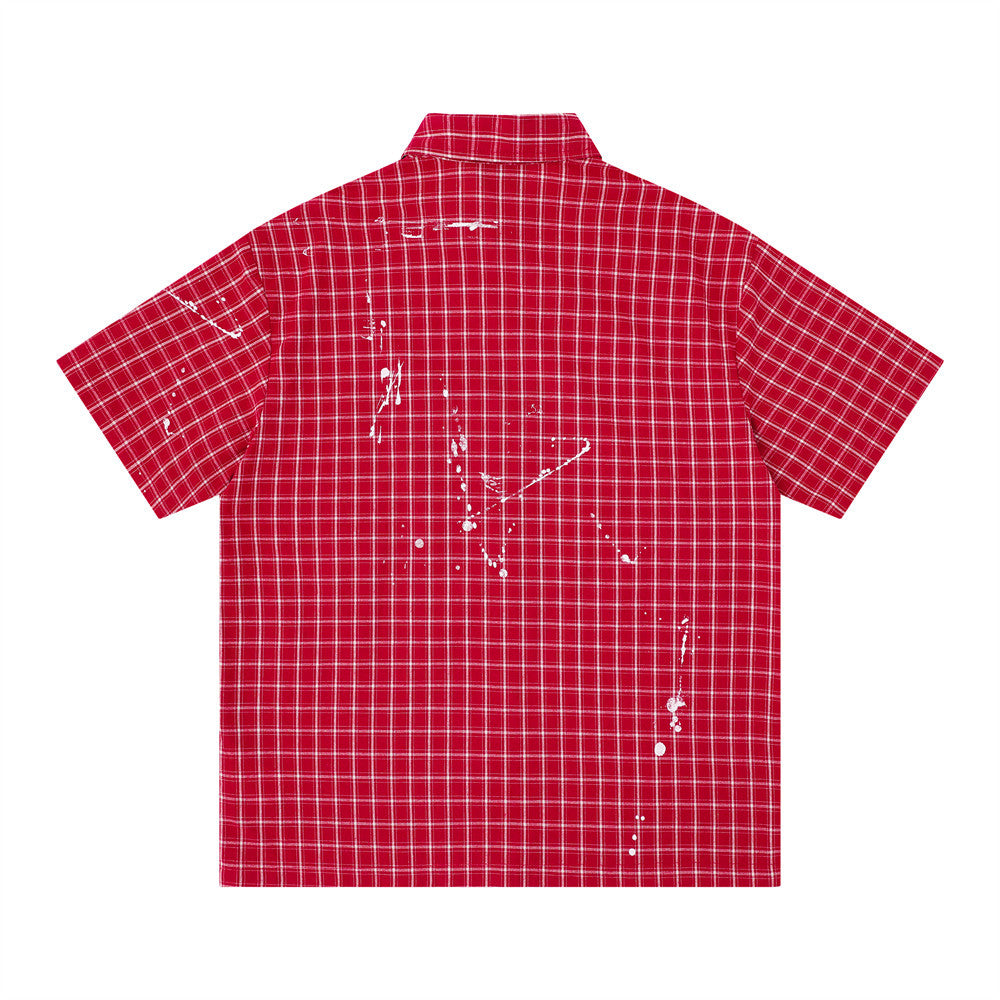 Paint Splatter Plaid Short Sleeve Shirt – Relaxed Fit Street Style