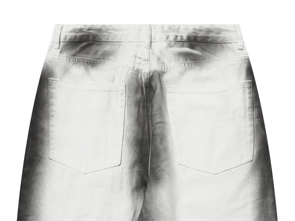 Men's Wide-Leg Baggy Jeans – Ink Wash Gradient Crinkle Print, Straight Fit