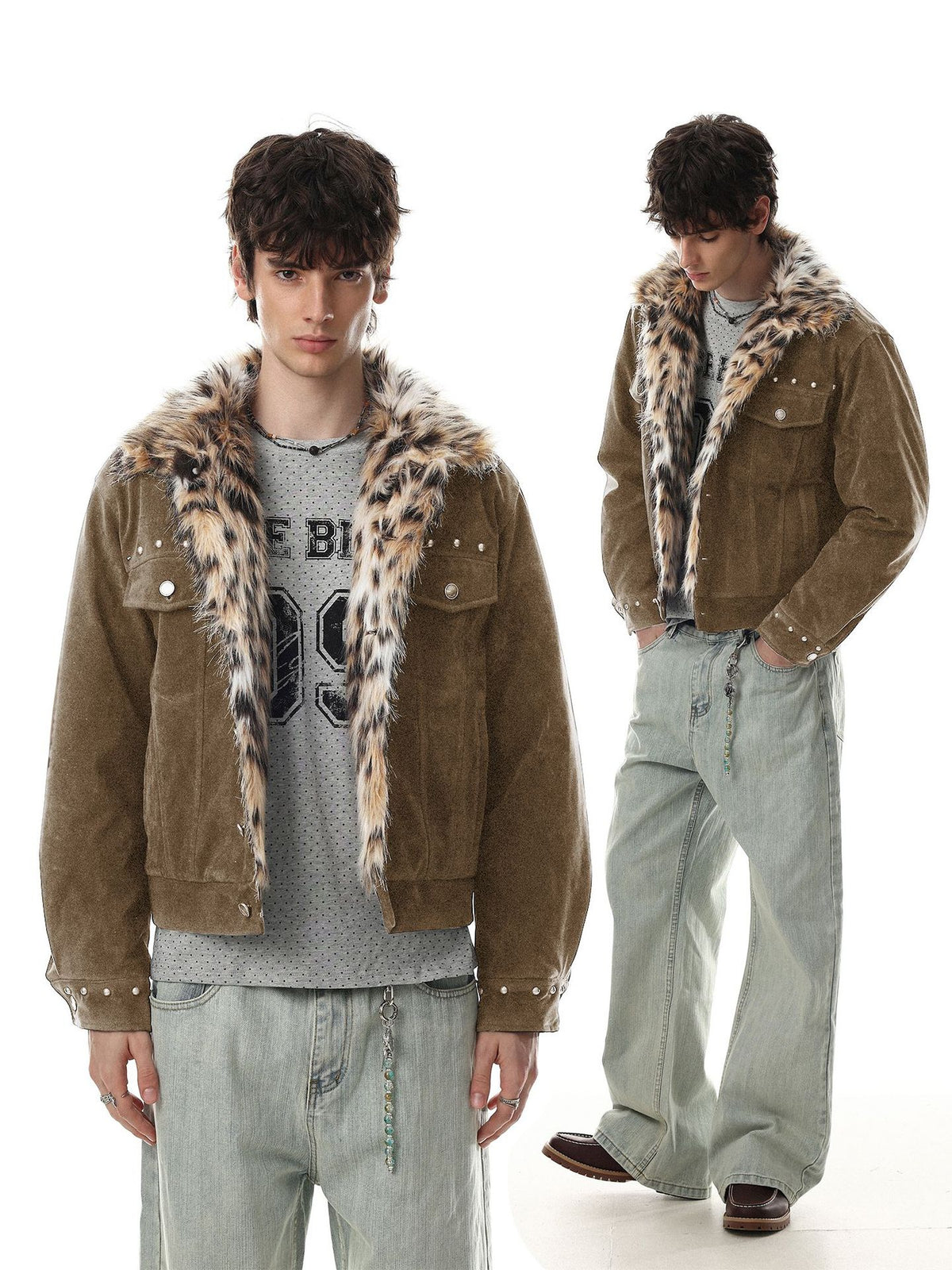 Faux Fur Collar Suede Jacket with Leopard Trim & Studs