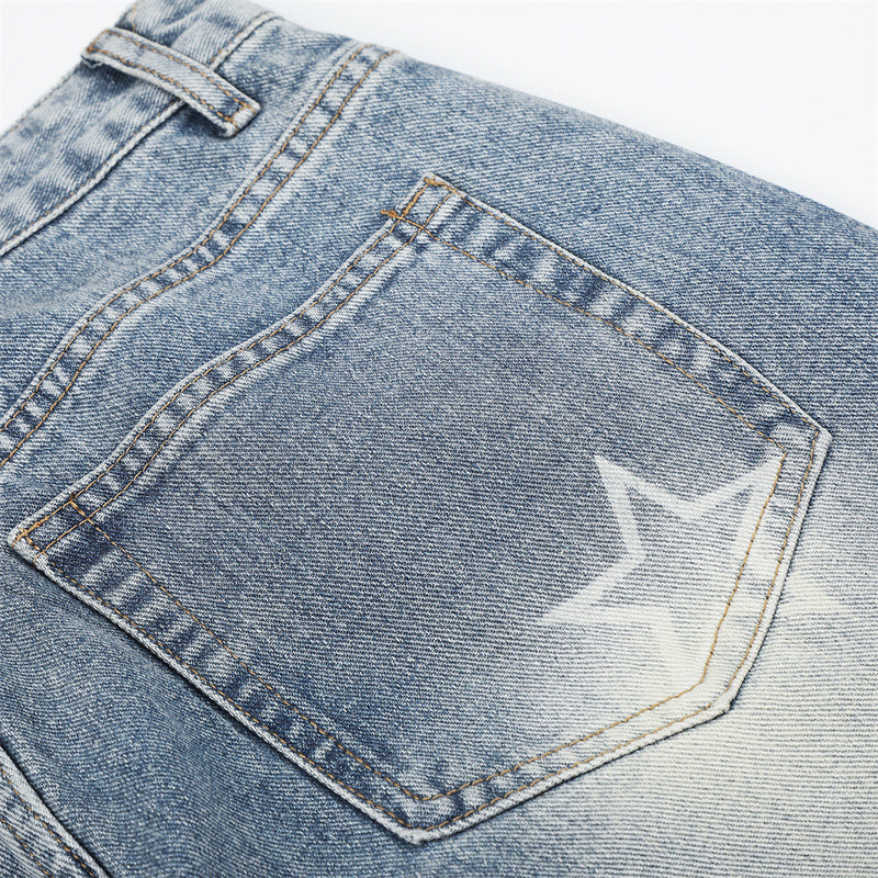 Star Embroidered Distressed Wide-Leg Jeans – Washed Baggy Denim with Ripped Knee