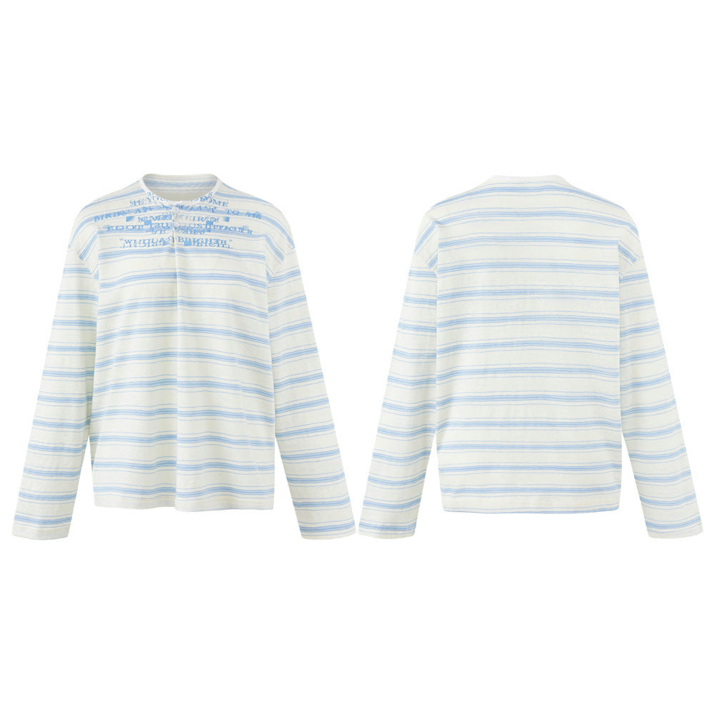 メンズ ブルー＆ホワイトストライプ長袖シャツ｜オーバーサイズ ストリートウェアTシャツ