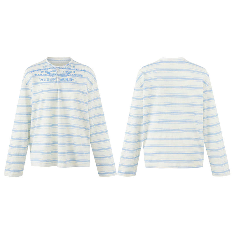メンズ ブルー＆ホワイトストライプ長袖シャツ｜オーバーサイズ ストリートウェアTシャツ