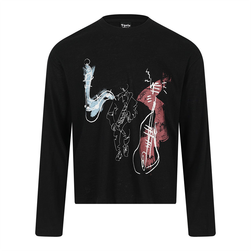 Men's black long sleeve crew neck t-shirt with abstract hand-drawn jazz musician graphic print in blue and burgundy