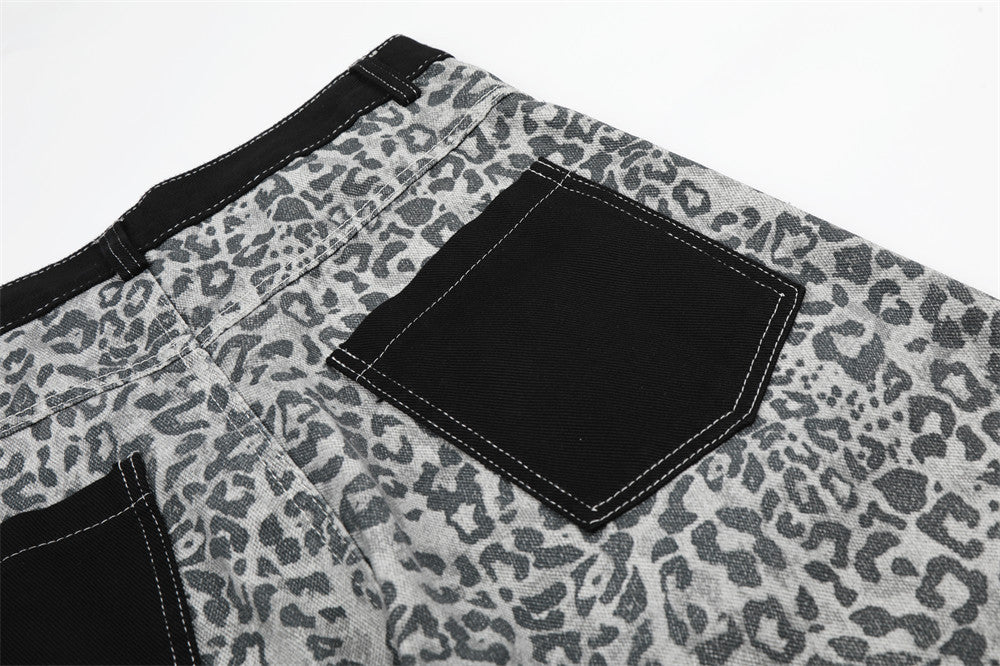 Leopard Print Wide-Leg Cargo Pants – Contrast Pocket Embroidered Streetwear Trou