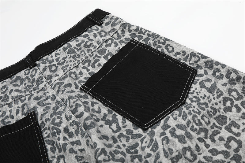 Leopard Print Wide-Leg Cargo Pants – Contrast Pocket Embroidered Streetwear Trou