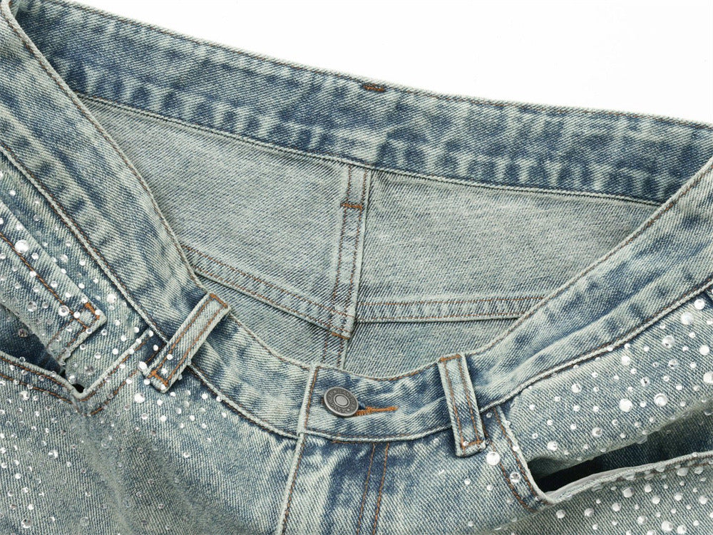 Men's Straight Leg Jeans with All-Over Rhinestone Embellishment – Wide Leg