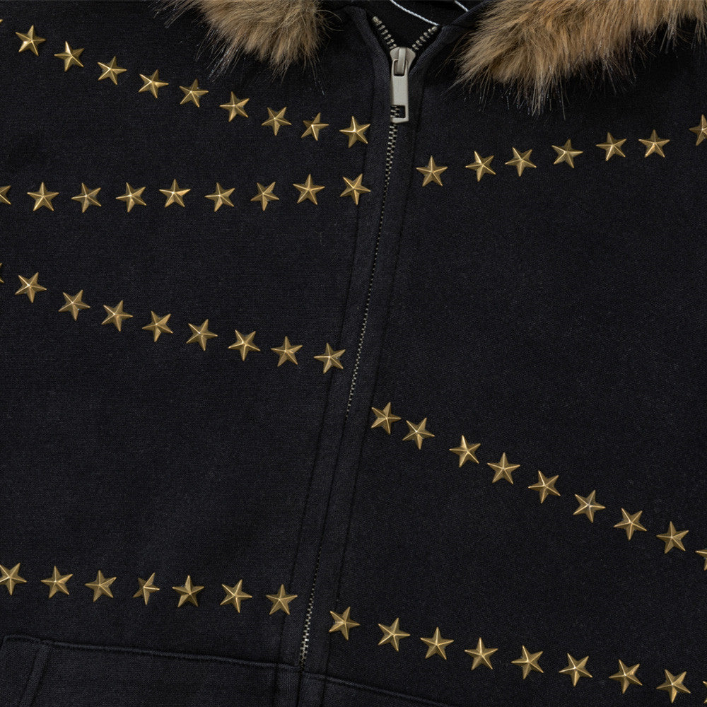 Sudadera con cremallera, capucha con ribete de pelo sintético y bordado de estrellas doradas — Streetwear para hombre
