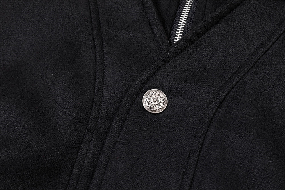 Suede Bomber Jacket Men – Collared Cross-Patch Relaxed Fit Varsity Jacket