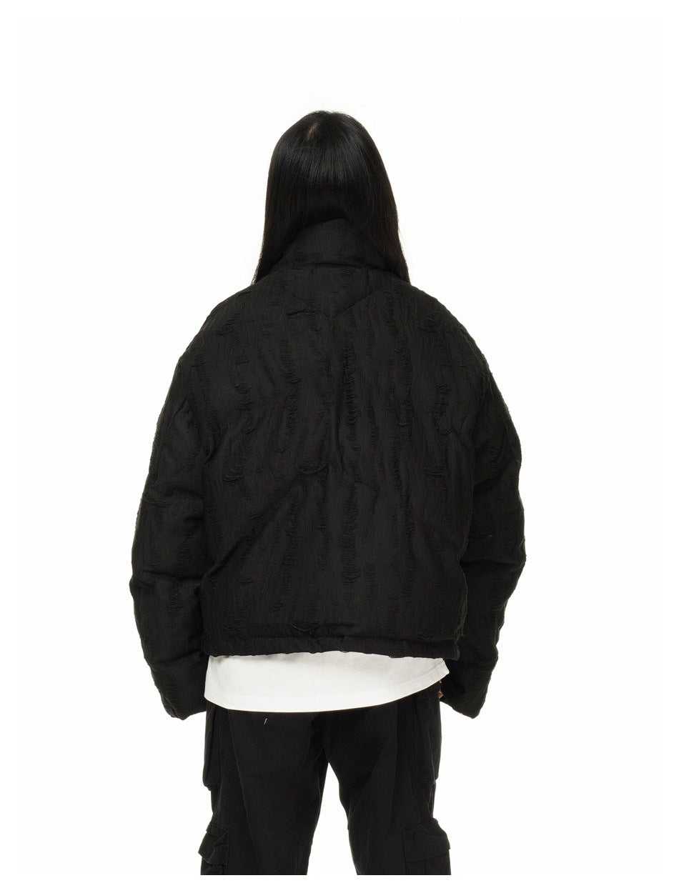 Distressed Texture Puffer Jacket Stand Collar Padded Coat