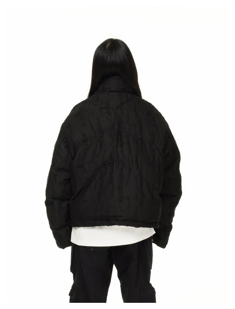 Distressed Texture Puffer Jacket Stand Collar Padded Coat