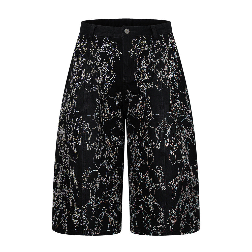 Wide-Leg Denim Shorts – All-Over Chaotic Stitch Embroidery, Hip-Hop Style