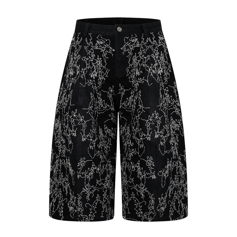 Wide-Leg Denim Shorts – All-Over Chaotic Stitch Embroidery, Hip-Hop Style