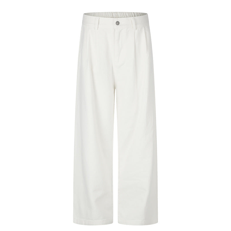 Wide-Leg Straight Casual Pants for Men — Relaxed Fit Pleated Denim Trousers