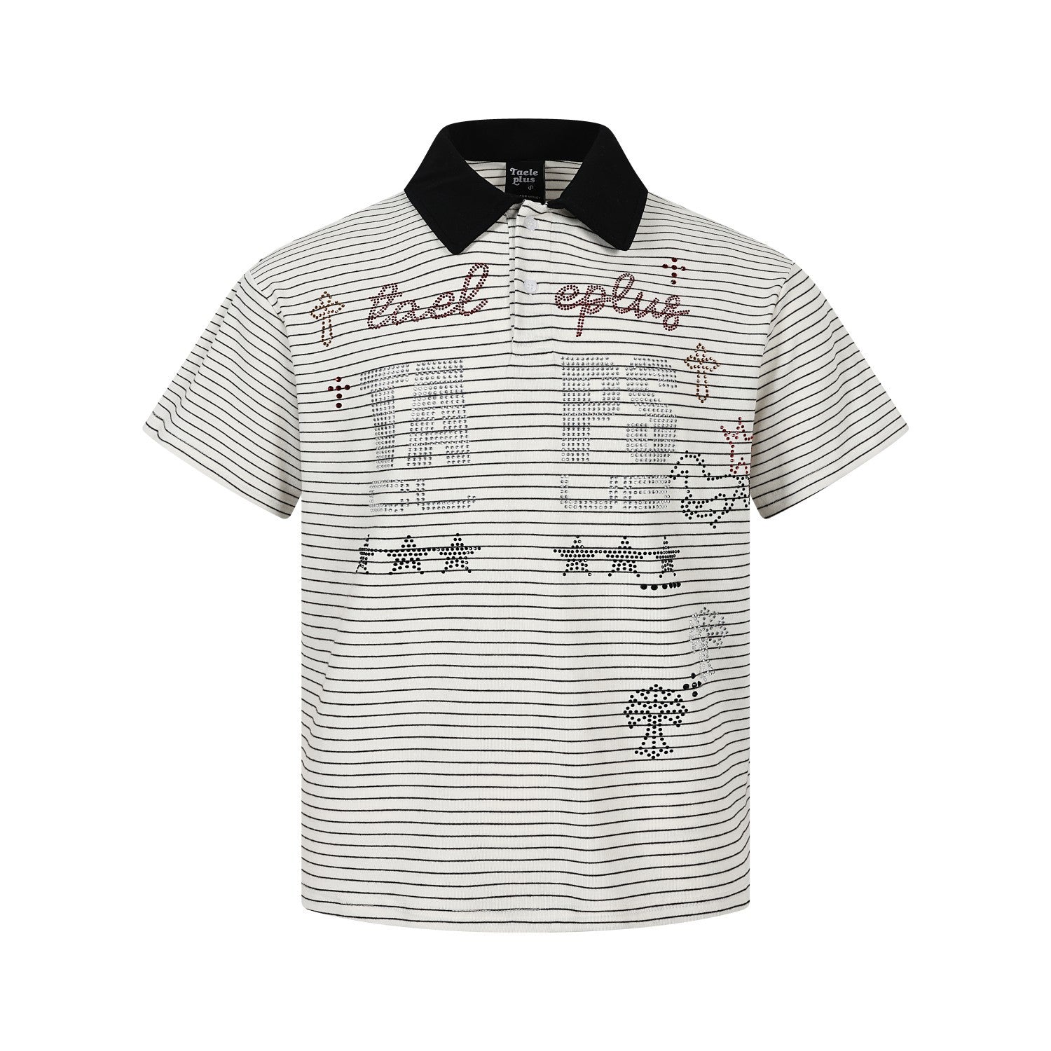 Polo de manga corta a rayas blancas y negras con letras y estrella de strass en el pecho y cuello negro en contraste