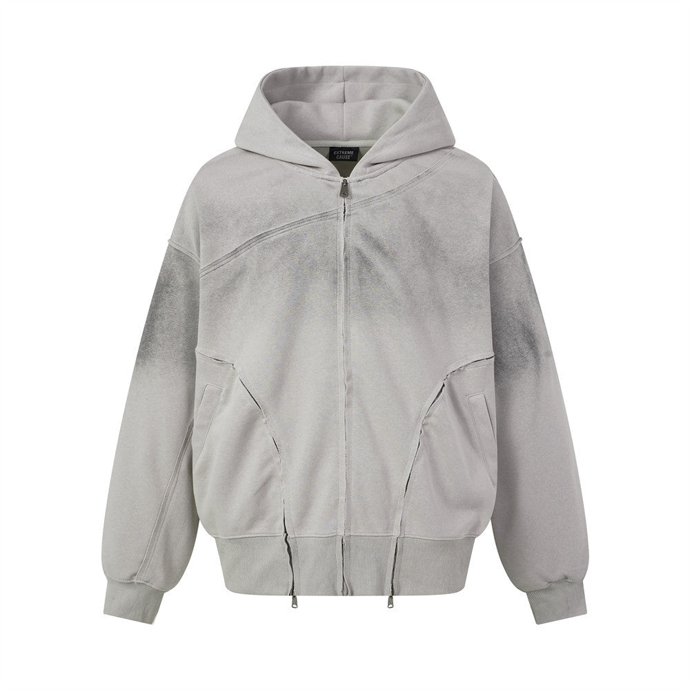 Sweat à capuche oversize zippé – Finition délavée usée, poches à multiples zips et bords bruts