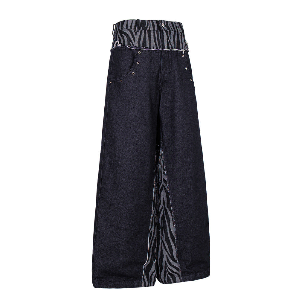 Wide-Leg Zebra Print Patchwork Jeans – Dark Wash Denim with Raw-Edge Waistband