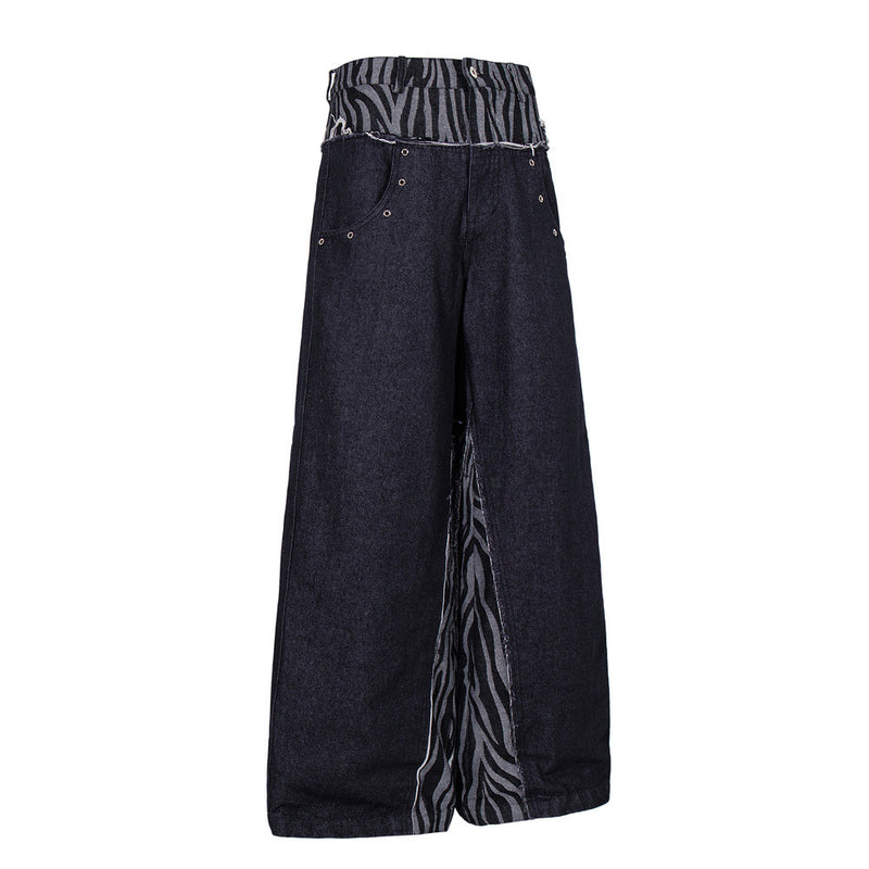 Wide-Leg Zebra Print Patchwork Jeans – Dark Wash Denim with Raw-Edge Waistband