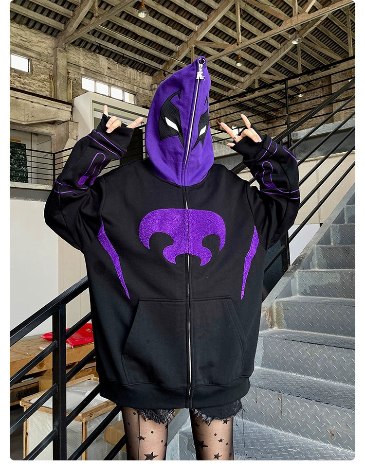 Dark Hero Hoodie - 400GSM Oversized Black and Purple Superhero Zip-Up Sweatshirt