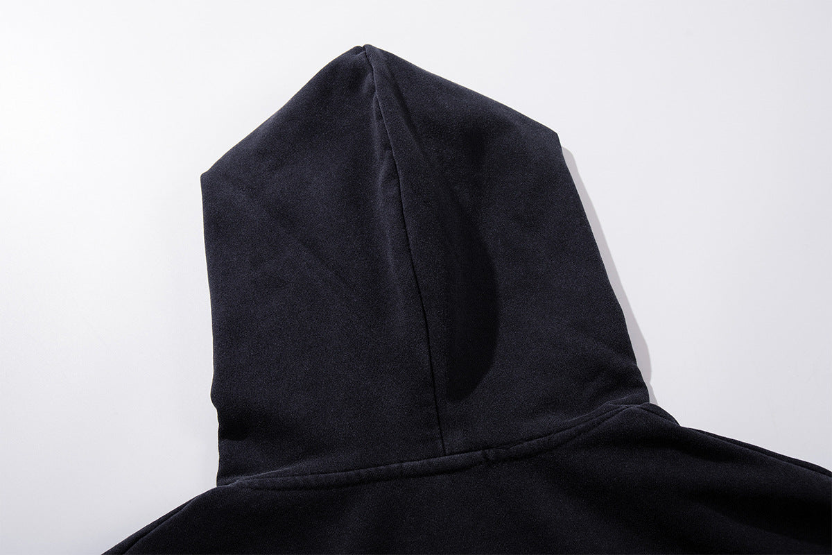 Schwerer Zip-Hoodie – Verwaschenes Schwarz, Streetwear-Design mit mehreren Knöpfen