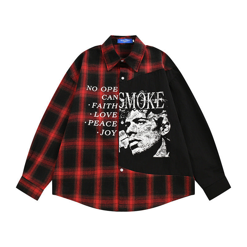 Plaid Patchwork Long Sleeve Shirt – Oversized Fit with Portrait Graphic Print