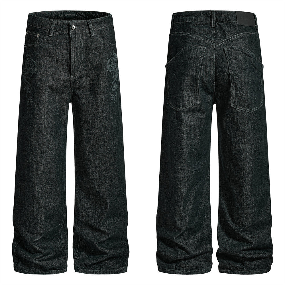 Men's Wide-Leg Black Jeans – Dragon Embroidery Straight Leg Denim