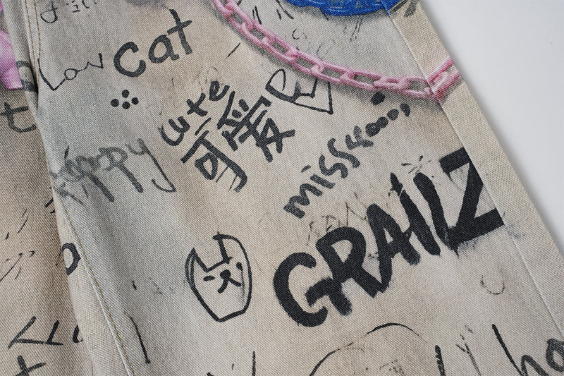 Wide-Leg-Jeans mit Graffiti-Print, Schlüsselanhänger-Anhängern und Deko-Ketten