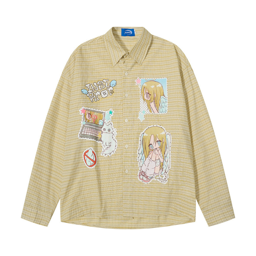 Oversized plaid long sleeve mens shirt with anime angel girl graphic print in yellow colourway, front view
