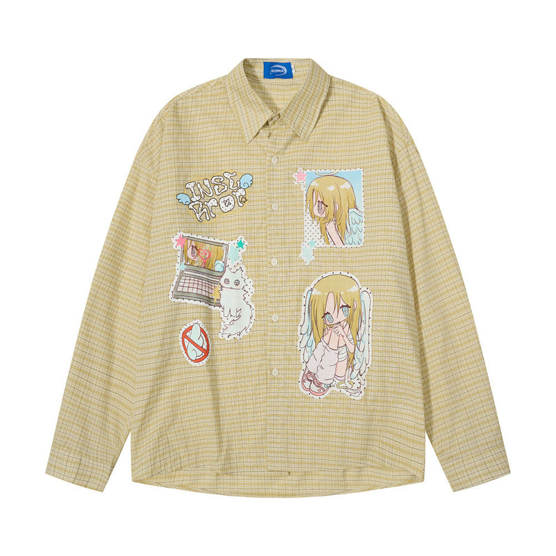 Oversized plaid long sleeve mens shirt with anime angel girl graphic print in yellow colourway, front view