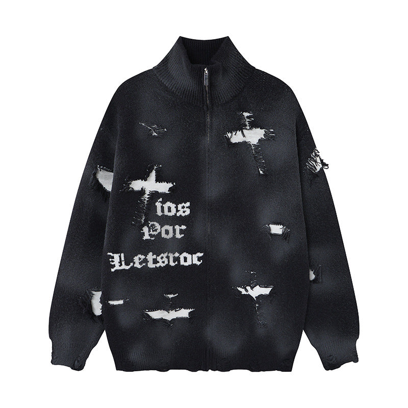 Oversized-Strickcardigan mit Reißverschluss, Used-Kreuz-Jacquardmuster, Rissen und Gothic-Schriftzug in Schwarz