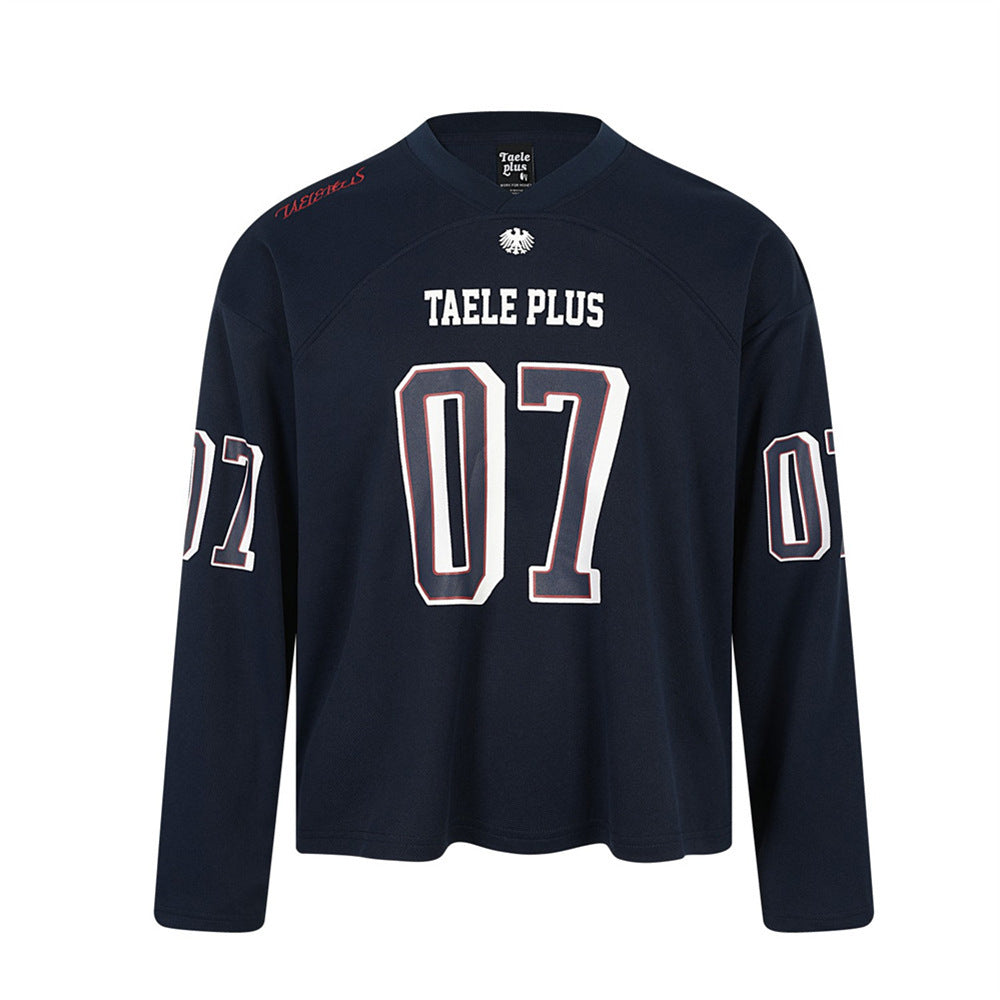 Football Jersey Long-Sleeve Tee – Taele Plus 07 Number Print V-Neck Oversized