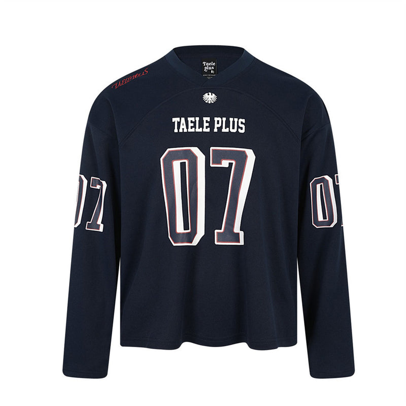 Football Jersey Long-Sleeve Tee – Taele Plus 07 Number Print V-Neck Oversized