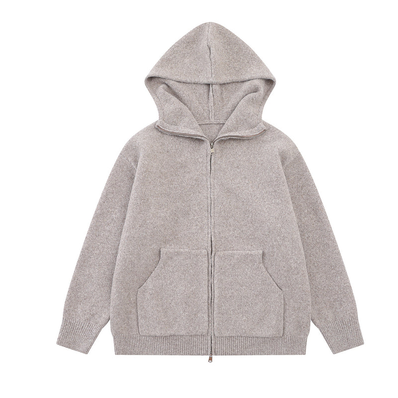 Knit Zip-Up Hoodie with Eagle Graphic Back — Relaxed Fit Streetwear Cardigan