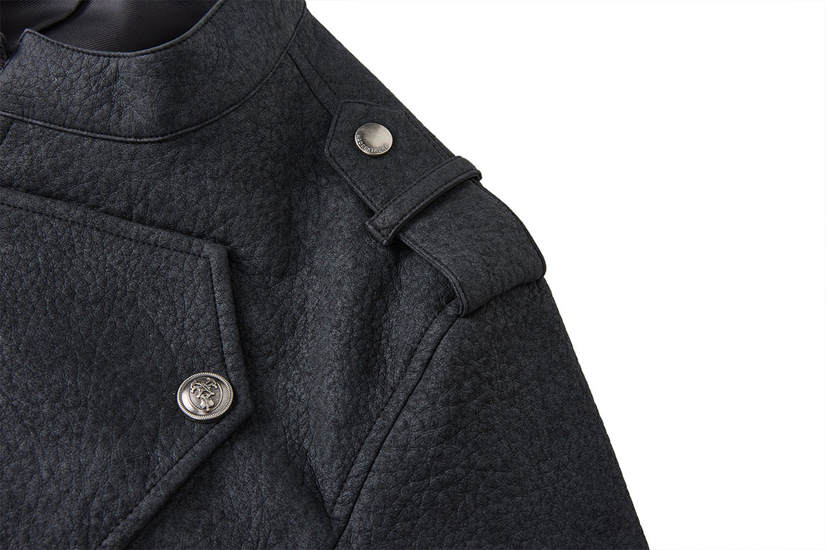 Military-Style Faux Leather Jacket with Double-Breasted Buttons & Zip Front