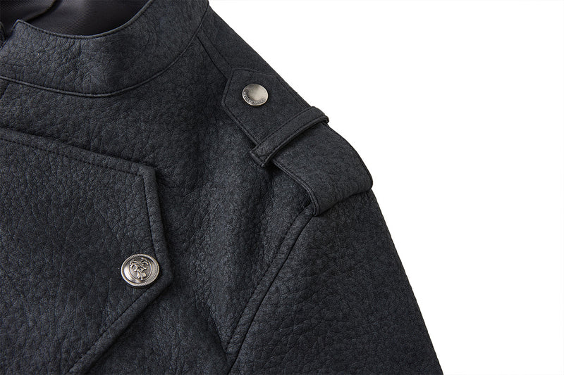 Military-Style Faux Leather Jacket with Double-Breasted Buttons & Zip Front