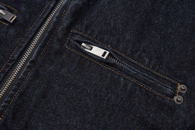 Veste biker moto en denim – Col montant indigo foncé, poches zippées et base ceinturée