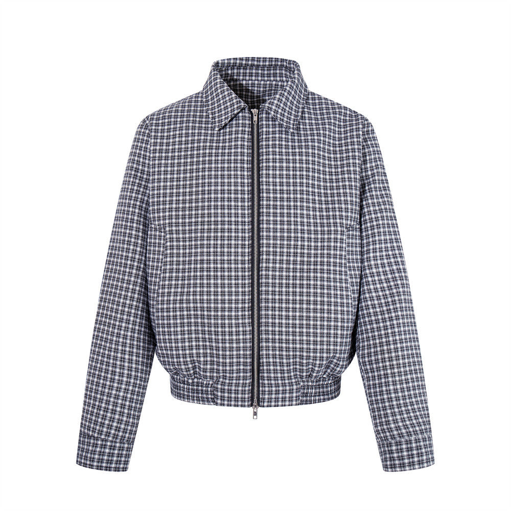 Men's relaxed fit navy plaid zip-up bomber jacket with spread collar and elasticated hem